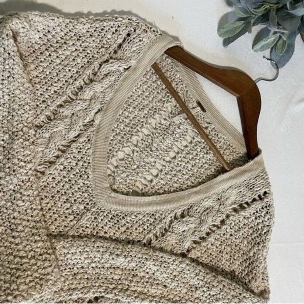 Free People | Oversized V-Neck Open Knit Sweater Beige Cotton Blend | Small